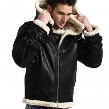 Men's B3 Shearling Black Leather Jacket with Hoodie