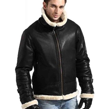 Men's B3 Shearling Black Leather Jacket with Hoodie