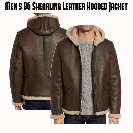 Men's B6 Brown Leather Shearling Hooded Jacket