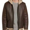 Men's B6 Brown Leather Shearling Hooded Jacket Men's B6 Brown Leather Shearling Hooded Jacket