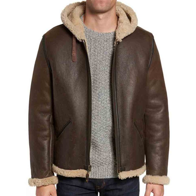 Men's B6 Brown Leather Shearling Hooded Jacket Men's B6 Brown Leather Shearling Hooded Jacket