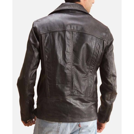 Men's Belted Biker Asymmetrical Distressed Black Leather Jacket