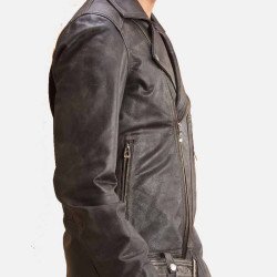 Men's Belted Biker Asymmetrical Distressed Black Leather Jacket