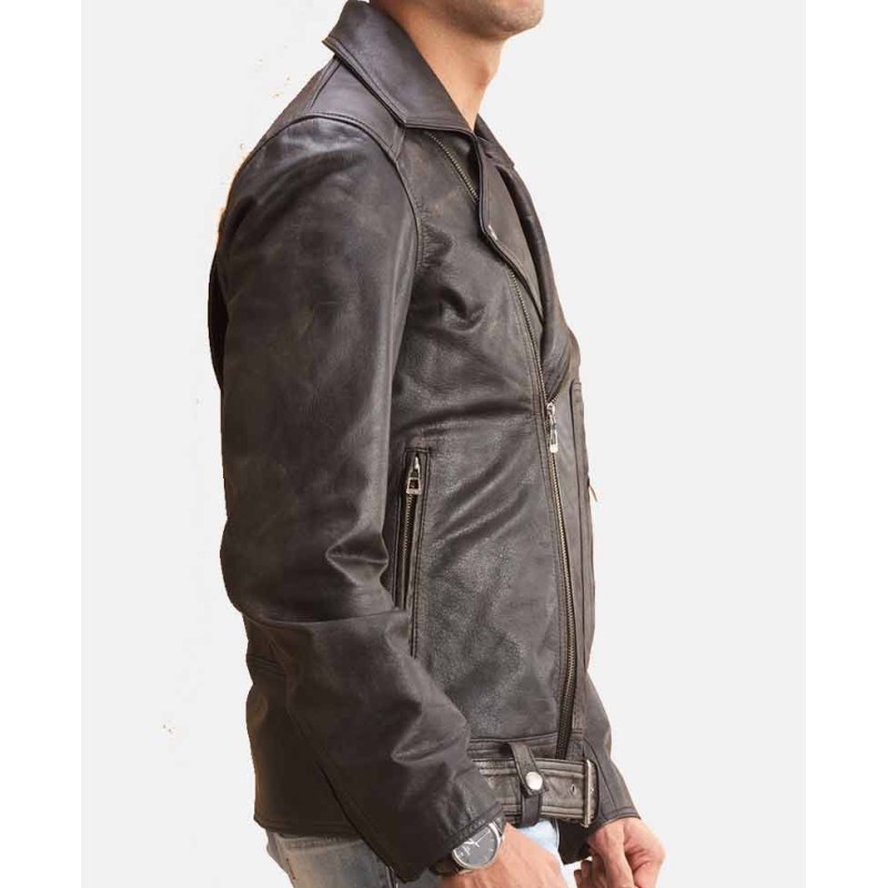 Men's Belted Biker Asymmetrical Distressed Black Leather Jacket Men's Belted Biker Asymmetrical Distressed Black Leather Jacket