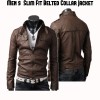 Men's Belted Buckle Collar Slim Fit Brown Leather Jacket