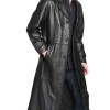 Men's Belted Button Closure Trench Black Leather Coat