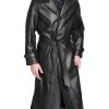 Men's Belted Button Closure Trench Black Leather Coat Men's Belted Button Closure Trench Black Leather Coat