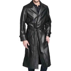 Men's Belted Button Closure Trench Black Leather Coat