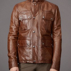 Men's Belted Collar Brown Leather Biker Jacket