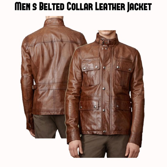 Men's Belted Collar Brown Leather Biker Jacket