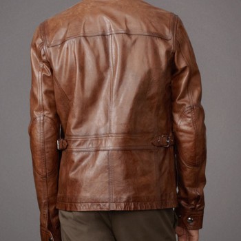 Men's Belted Collar Brown Leather Biker Jacket