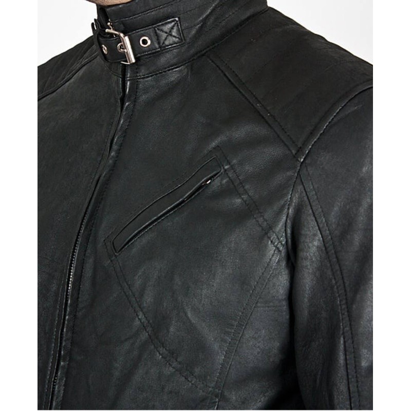 Men's Diagonal Zipper Belted Collar Leather Jacket Men's Diagonal Zipper Belted Collar Leather Jacket