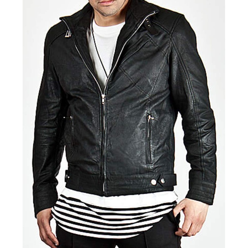 Men's Diagonal Zipper Belted Collar Leather Jacket Men's Diagonal Zipper Belted Collar Leather Jacket