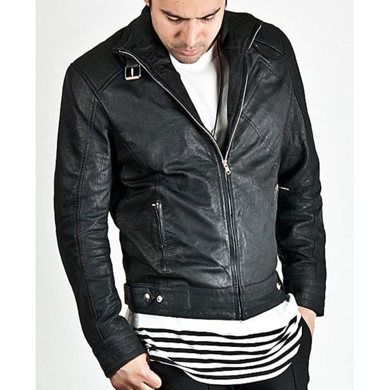 Men's Diagonal Zipper Belted Collar Leather Jacket Men's Diagonal Zipper Belted Collar Leather Jacket