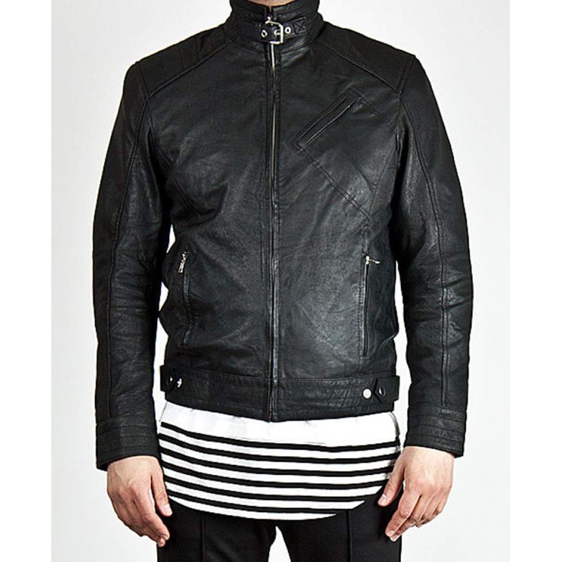 Men's Diagonal Zipper Belted Collar Leather Jacket Men's Diagonal Zipper Belted Collar Leather Jacket