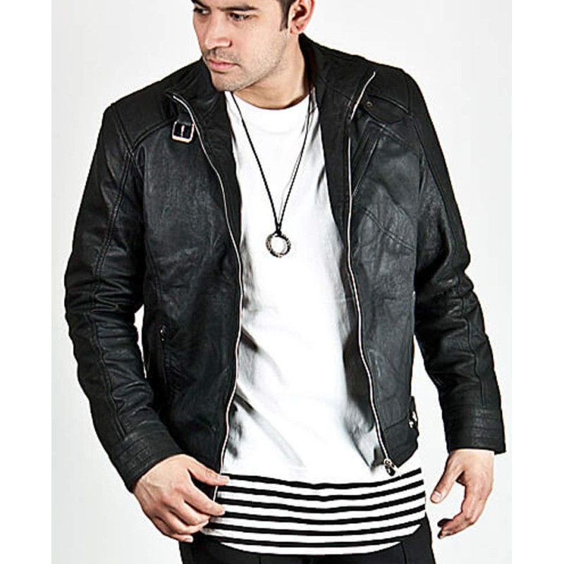 Men's Diagonal Zipper Belted Collar Leather Jacket Men's Diagonal Zipper Belted Collar Leather Jacket