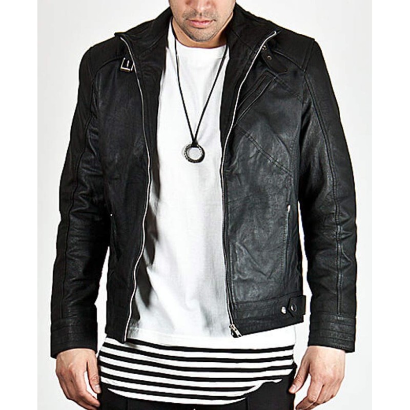 Men's Diagonal Zipper Belted Collar Leather Jacket Men's Diagonal Zipper Belted Collar Leather Jacket
