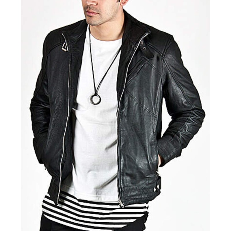 Men's Diagonal Zipper Belted Collar Leather Jacket Men's Diagonal Zipper Belted Collar Leather Jacket