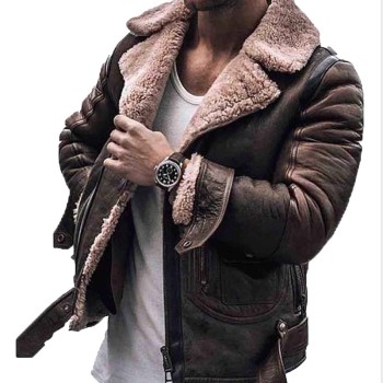 Men's WFJ01 Belted Shearling Brown Distressed Leather Jacket