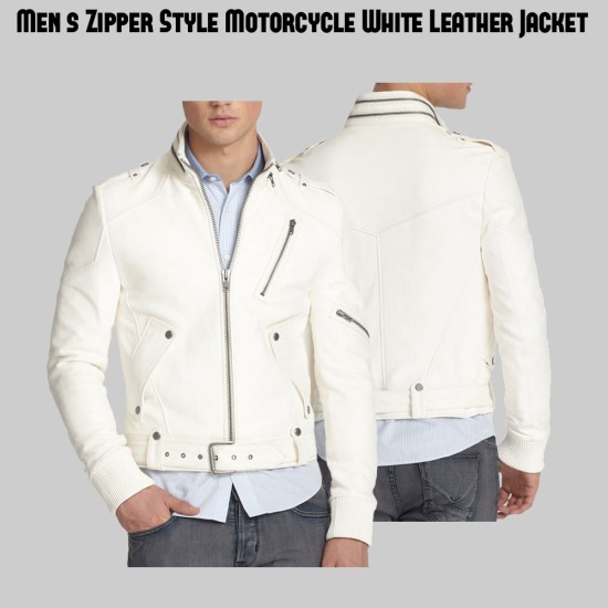 Men's Belted White Leather Motorcycle Jacket