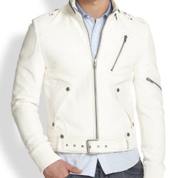 Men's Belted White Leather Motorcycle Jacket