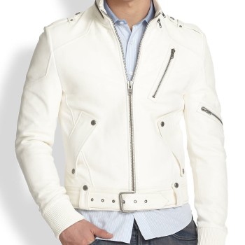 Men's Belted White Leather Motorcycle Jacket