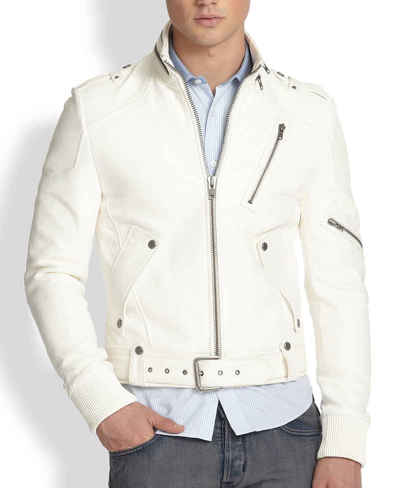 Men s Belted White Biker Jacket