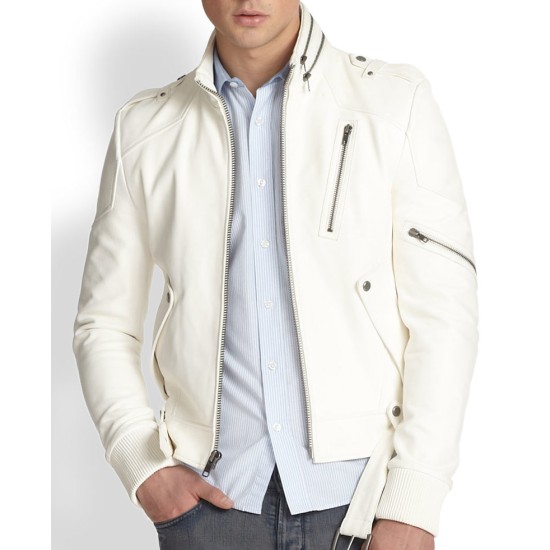 Men's Belted White Biker Jacket - Films Jackets