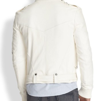 Men's Belted White Leather Motorcycle Jacket