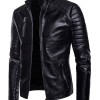 Men's Stand Collar Black Leather Motorcycle Jacket