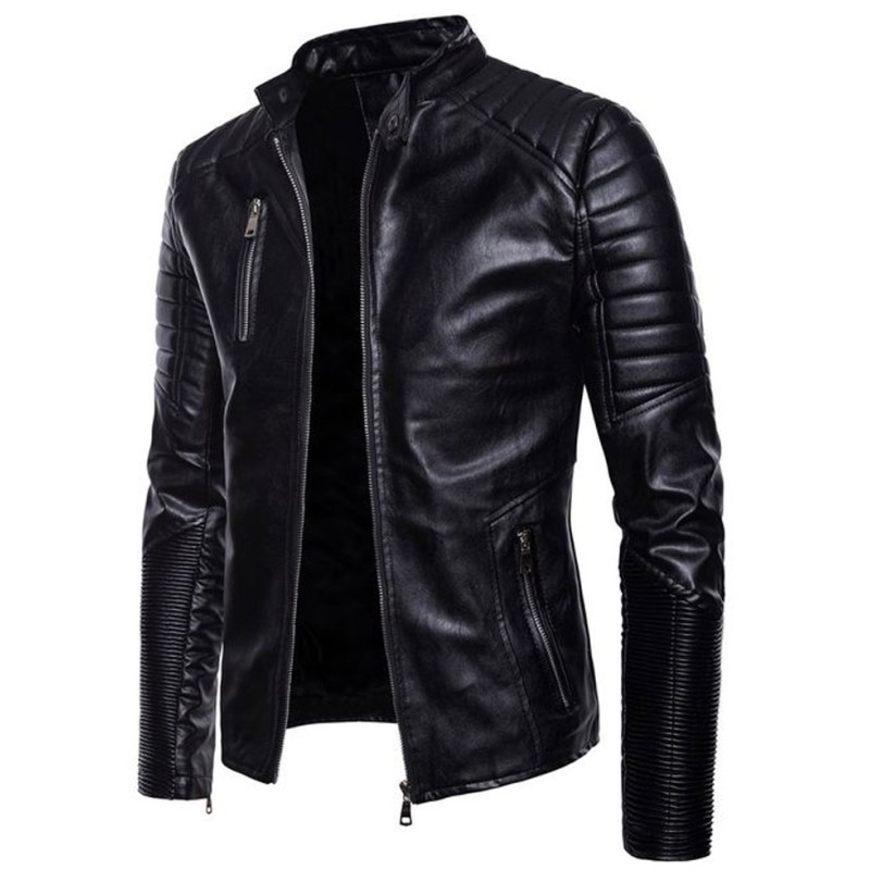 Men's Stand Collar Black Leather Motorcycle Jacket Men's Stand Collar Black Leather Motorcycle Jacket