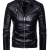 Men's Stand Collar Black Leather Motorcycle Jacket