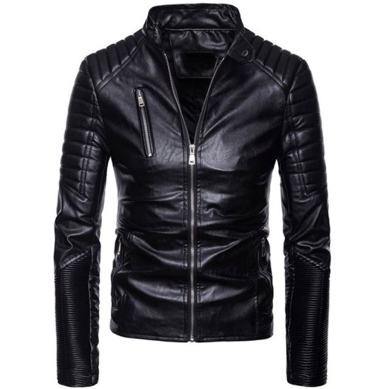 Men's Stand Collar Black Leather Motorcycle Jacket