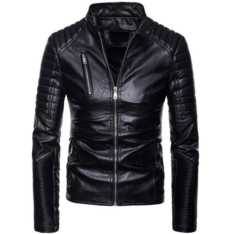 Men's Stand Collar Black Leather Motorcycle Jacket