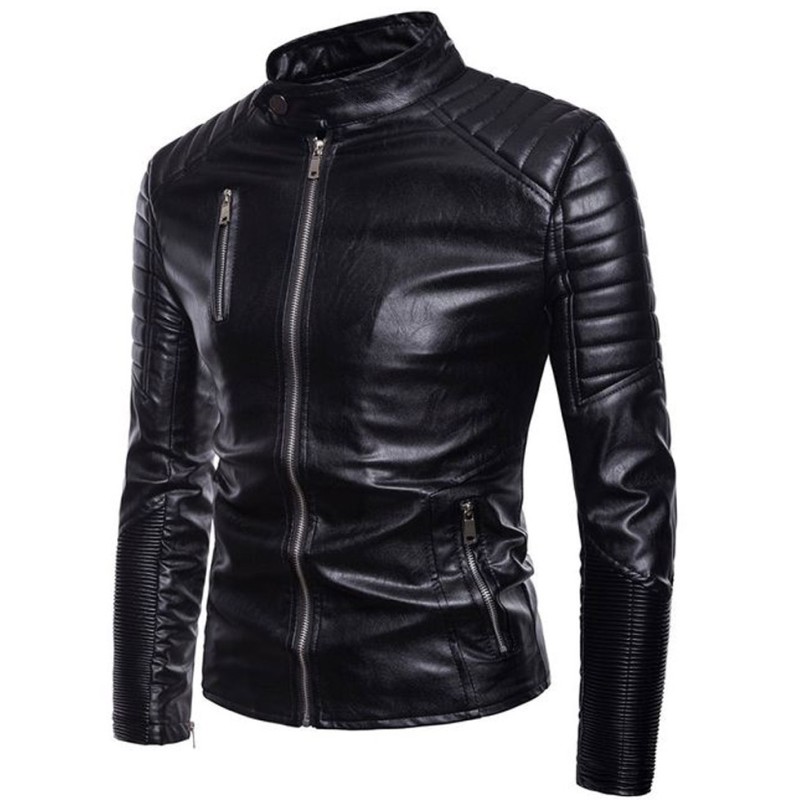 Men's Stand Collar Black Leather Motorcycle Jacket Men's Stand Collar Black Leather Motorcycle Jacket