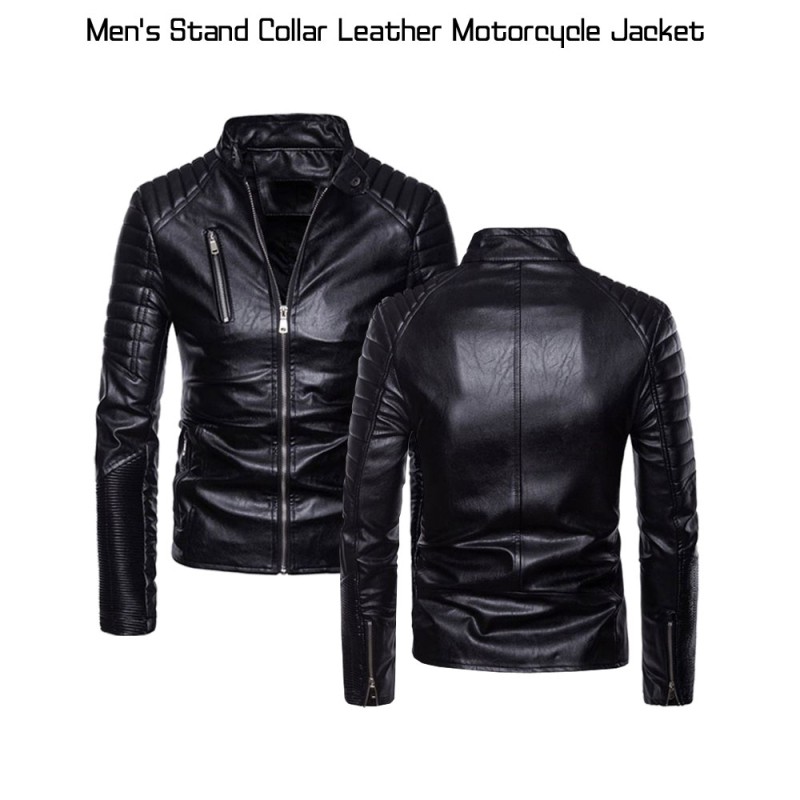 Men's Stand Collar Black Leather Motorcycle Jacket Men's Stand Collar Black Leather Motorcycle Jacket
