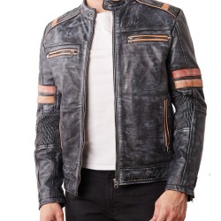 Men's Stonewash Biker Black Leather Jacket