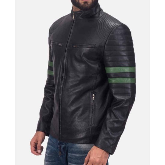 Men's Biker Padded Design Striped Black Leather Jacket