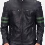 Men's Biker Padded Design Striped Black Leather Jacket