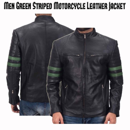 Men's Biker Padded Design Striped Black Leather Jacket