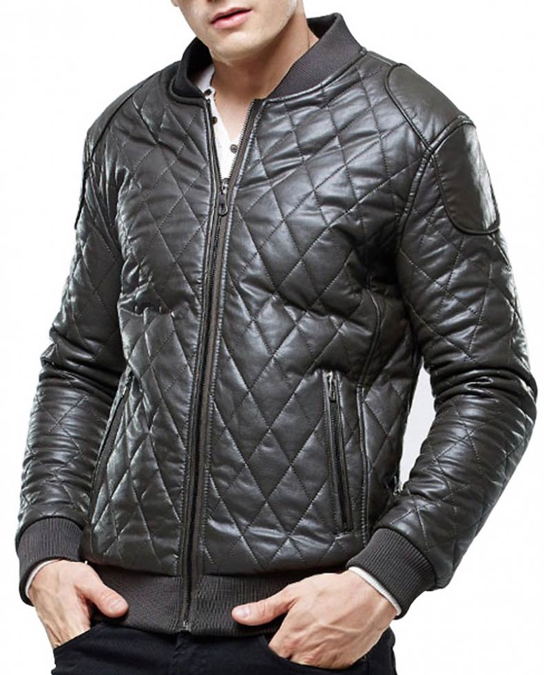 Men Red Genuine Leather Jacket with Black Diamond Quilted