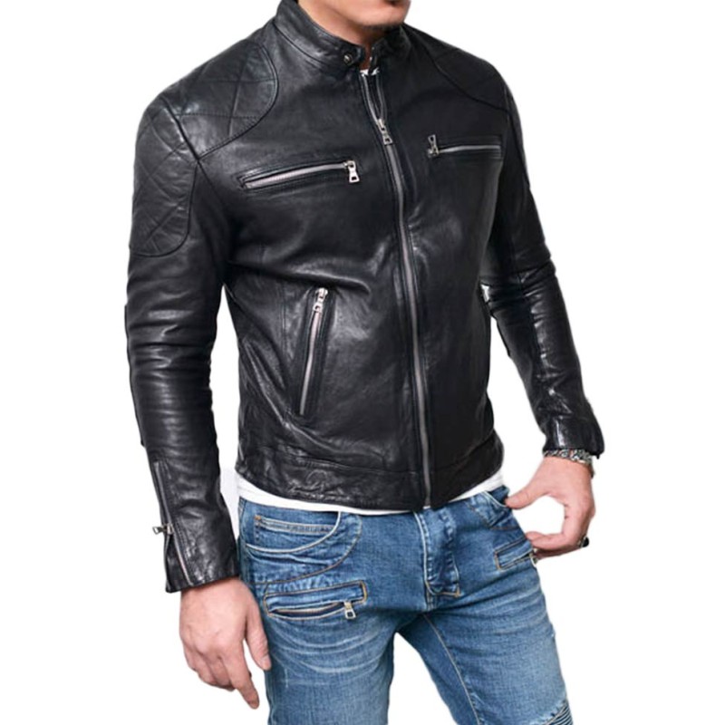 Men's Motorcycle Quilted Shoulder Lambskin Leather Jacket