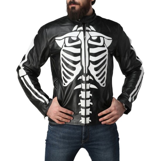 Men's Motorcycle Skeleton Black Leather Jacket
