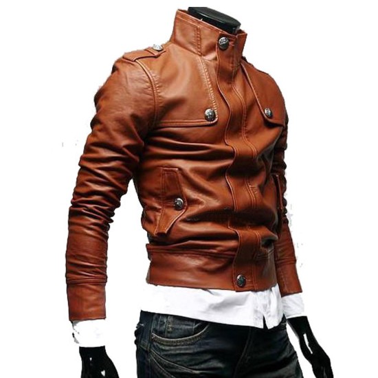 Men's Biker Slim Fit Button Front Style Brown Leather Jacket