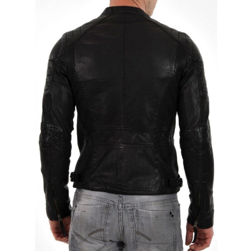 Men's Moto Snap Tab Collar Black Lambskin Leather Jacket Men's Moto Snap Tab Collar Black Lambskin Leather Jacket