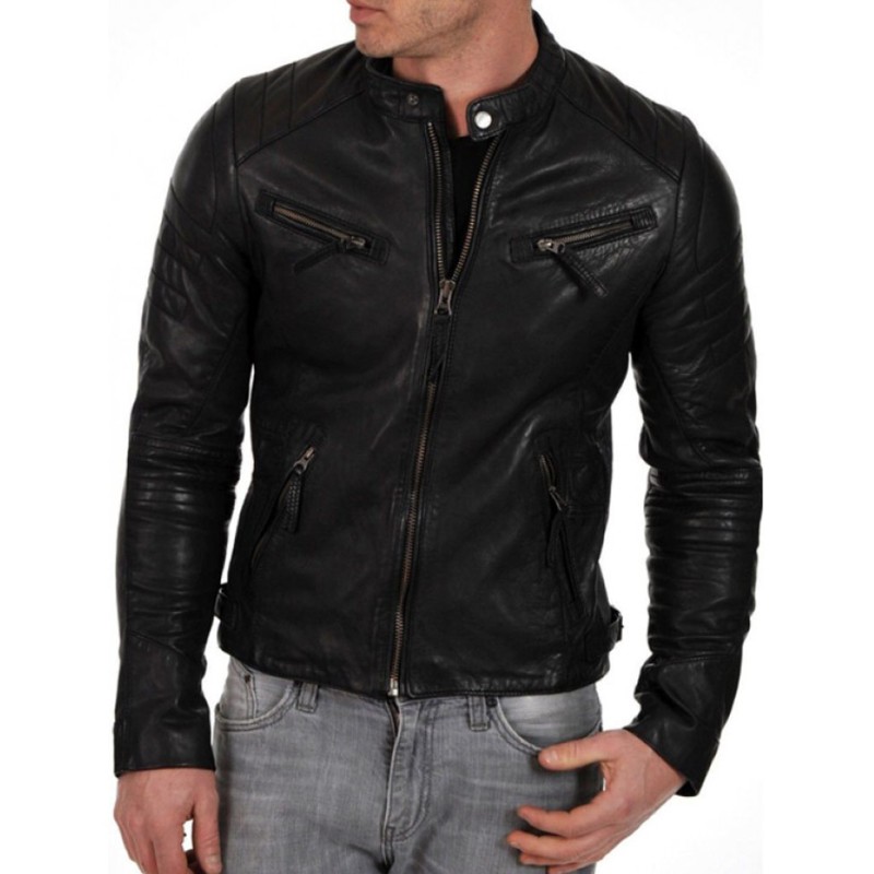 Men's Moto Snap Tab Collar Black Lambskin Leather Jacket Men's Moto Snap Tab Collar Black Lambskin Leather Jacket