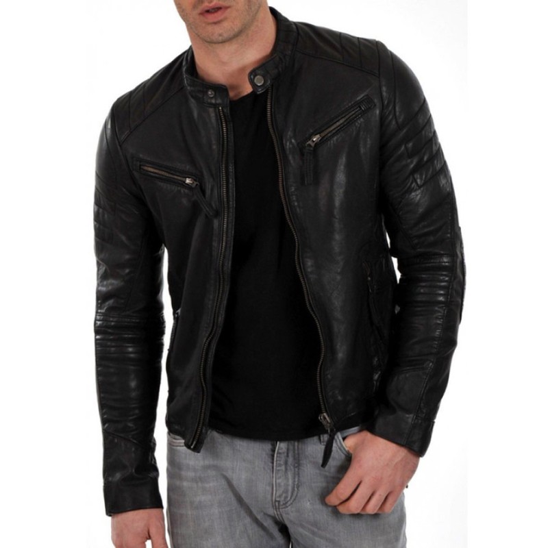 Men's Moto Snap Tab Collar Black Lambskin Leather Jacket Men's Moto Snap Tab Collar Black Lambskin Leather Jacket
