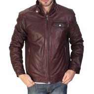 Men's Biker Style Maroon Waxed Leather Jacket