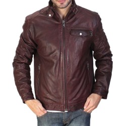 Men's Biker Style Maroon Waxed Leather Jacket