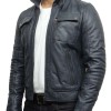 Men's Stand Collar Motorcycle Navy Blue Leather Jacket